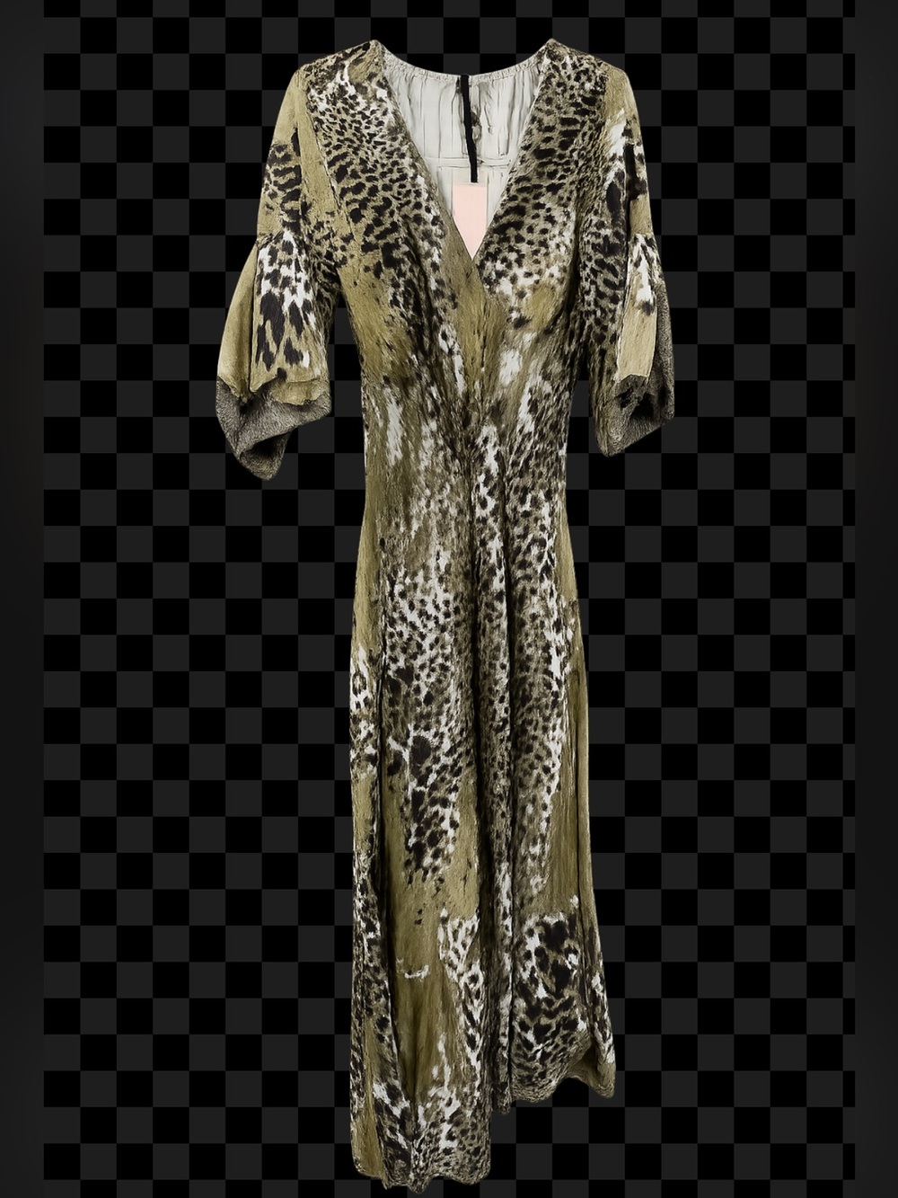 Misumi Italy dress Green Leopard  Print V-Neck, Large, smocked waist, NWT